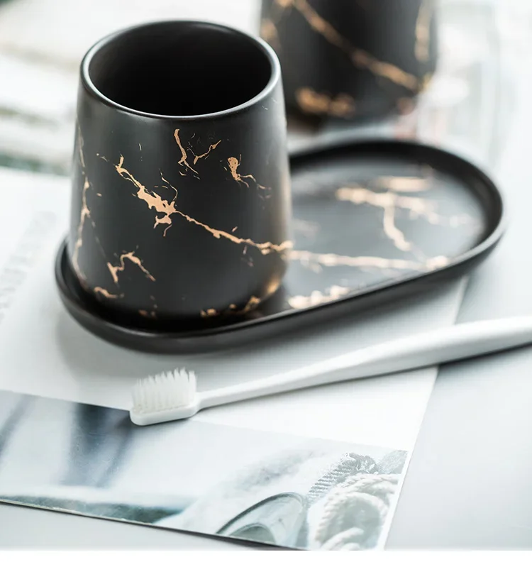 

Gilded Marble Texture Mouthwash Cup Bathroom Set Home Use Ceramic Toothbrush Holder Soap Boxes Marbling Porcelain Bath Supplies