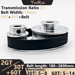 2GT 2M 30T 60Teeth GT2 30Teeth 60T 2:1 Timing Belt Pulley Kit Bore 5~14mm Belt Width 10mm GT2 Wheel Synchronous Pulley Belt Set