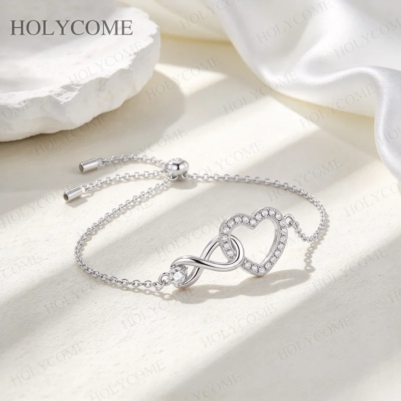 S925 Silber Herz-Armband Nischendesign Leichter Luxus mit Moissanit-Einlage Eleganter Damen-Handschmuck für Hochzeit und Party – Detail 10