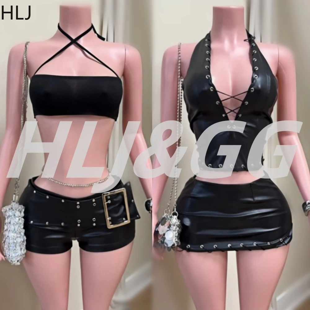 

HLJ Black Sexy Hot Girl Halter Leather Shorts Two Piece Sets Women Sleeveless Backless Slim Tank Top + Shorts Outfits Streetwear