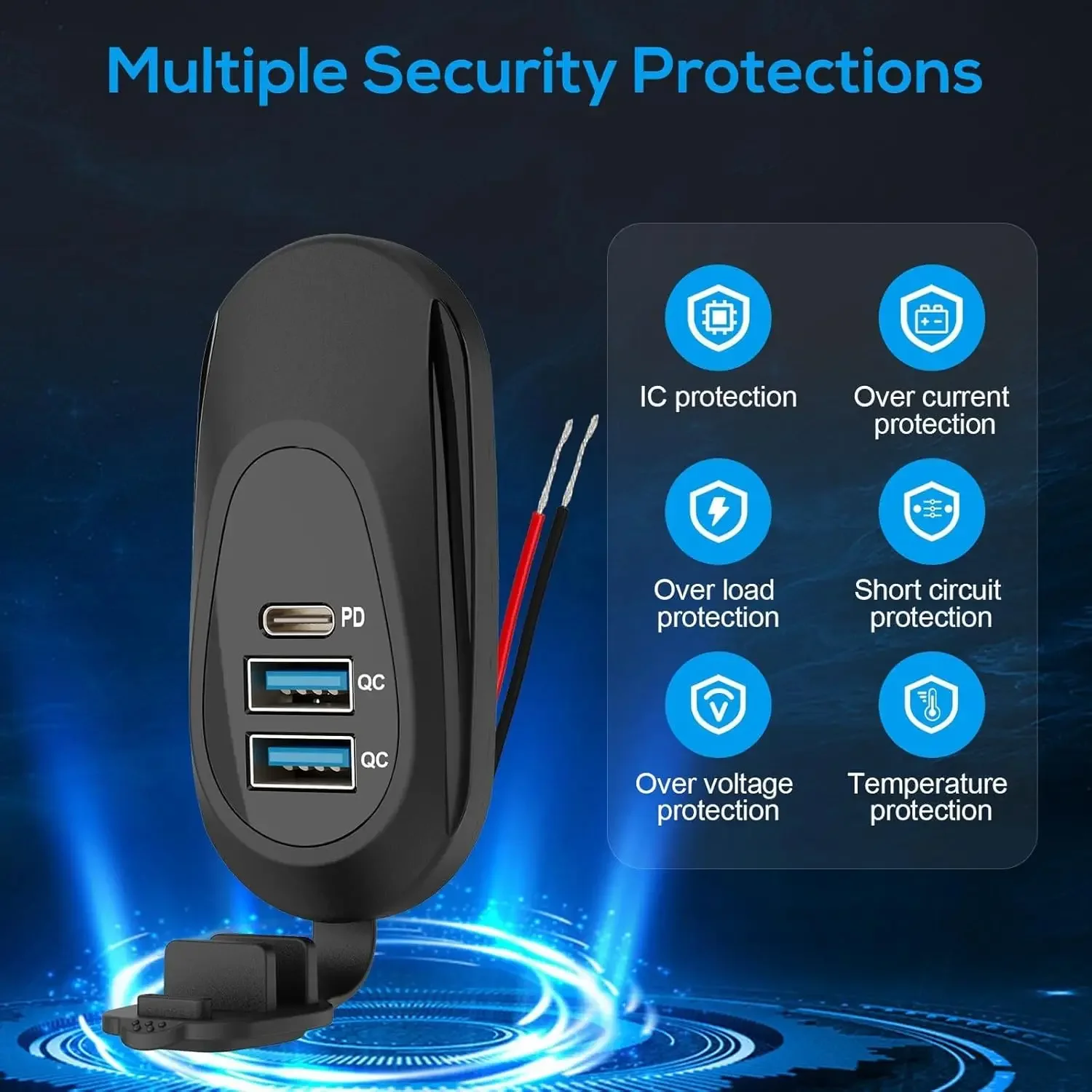 3-Ports 12V-24V Car Charger USB Outlet Type-C PD3.0 Dual QC3.0 Panel Wall Surface Mount Fast Charger Adapter for RV Marine Bus