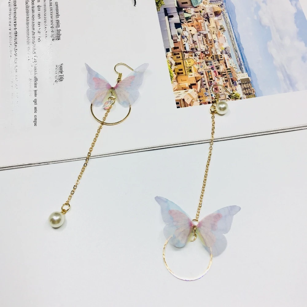 مزاجه الرومانسية غير المتماثلة فراشة دائرة شرابات طويلة اللؤلؤ قلادة استرخى أقراط للنساء كوريا الرجعية مجوهرات هدايا