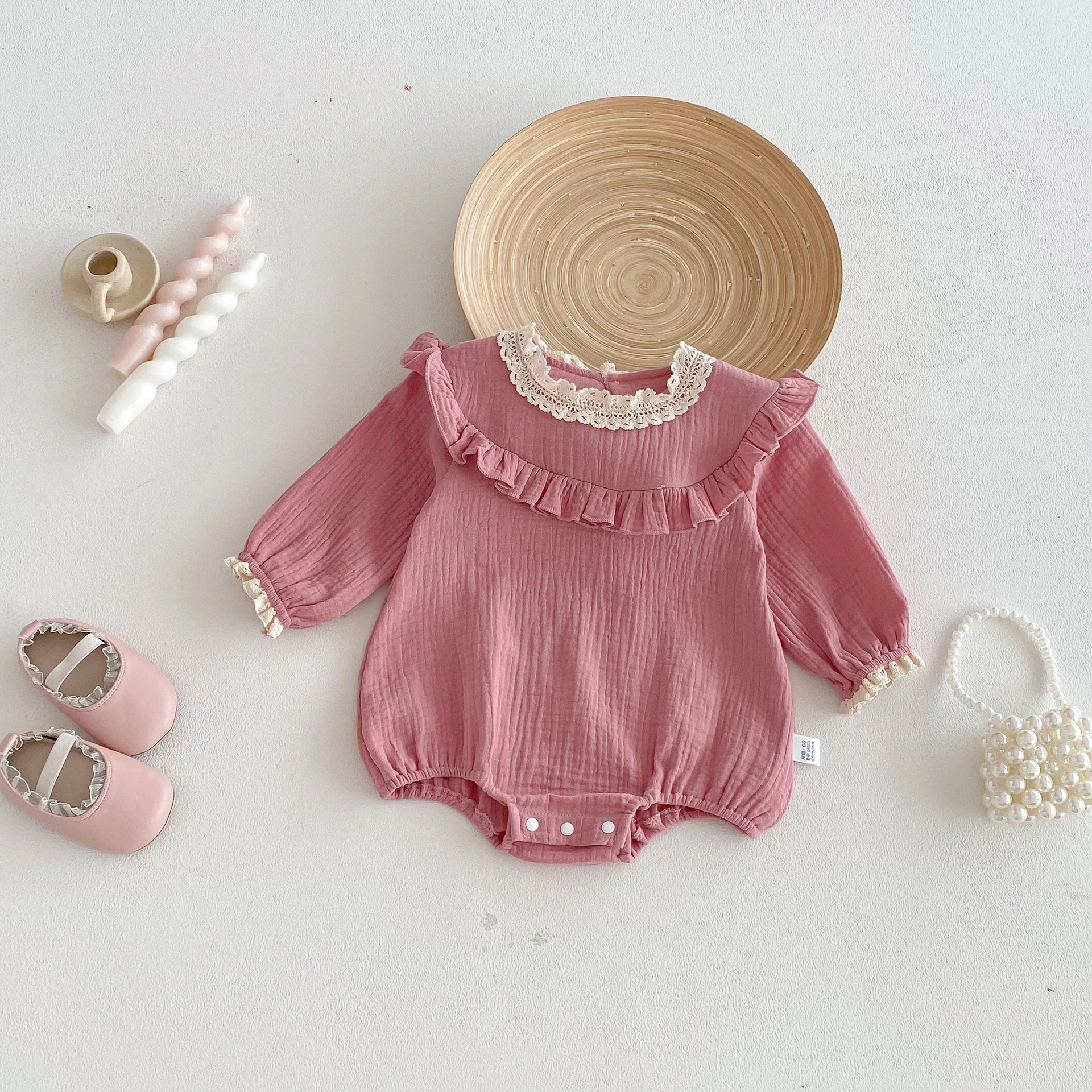 0-24M Baby Girl Boysuit 2026 Spring New Infant Long Sleeve Jumpsuit Cute Lace Collar Toddler One Pieces Newborn Clothing