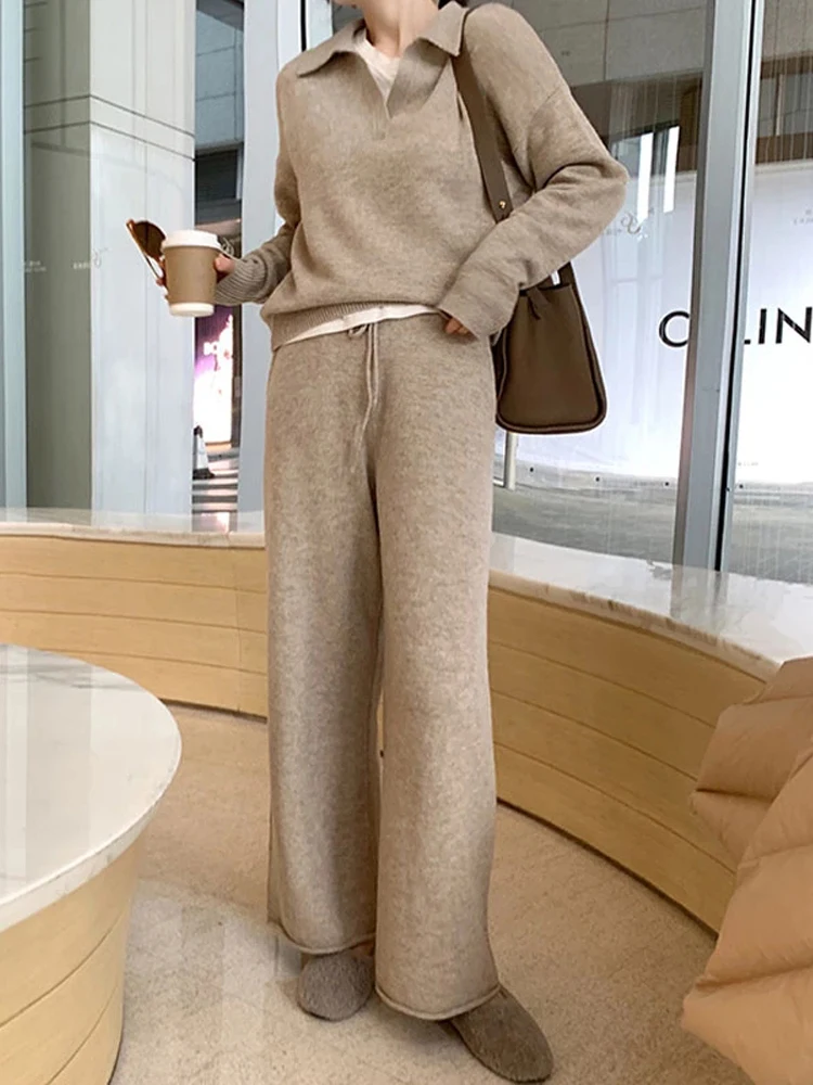 Soft Knitted Sweater Pants Suits Pajamas Women Autumn Winter Casual Ladies Sets 2 Pieces V-Neck Loose Female Sleepwear Tracksuit