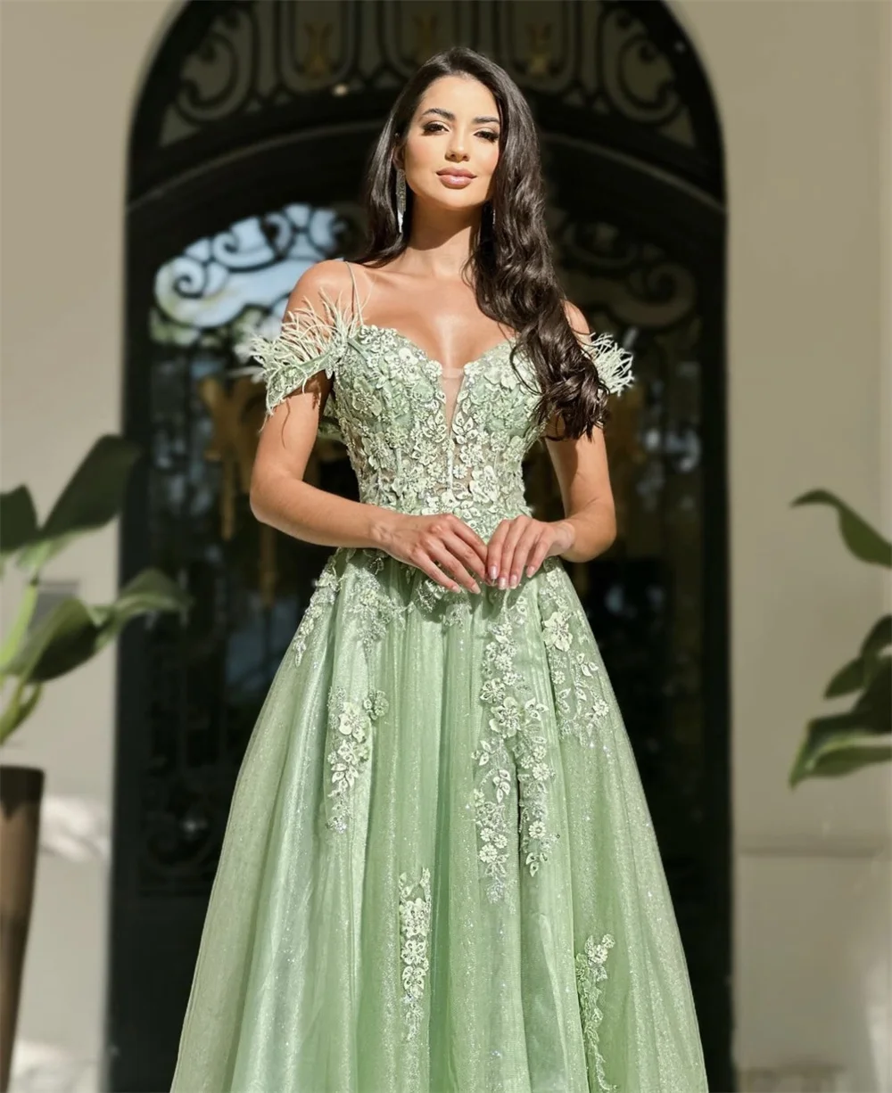 Cathy Light Green Off the Shoulder Prom Dresses Customized vestidos de fiesta Side High Split Lace Embroidery Evening Dress