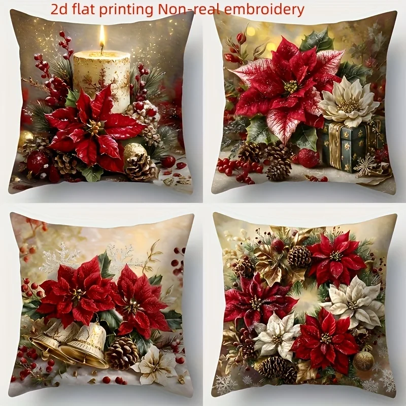 4pcs Christmas Pillow Covers Red Poinsettia Floral Holiday Decor with Golden Bells Candle Holders Zipper Closure