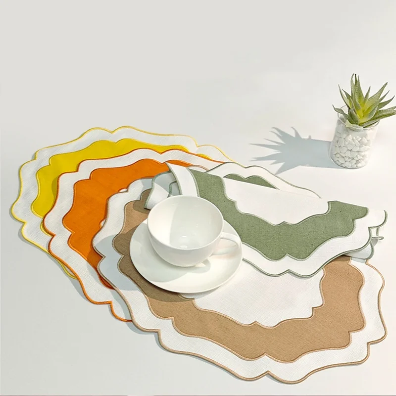 4PCS Linen Embroidered Placemats Color Blocked Washable Wear-Resistant Home Insulation Pads for Parties and Weddings