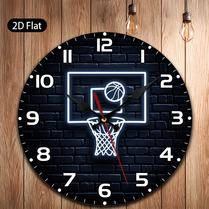 1pc, Two-Dimensional Flat Wall Clock Featuring a Neon Basketball Hoop Design with a Brick Pattern, Ideal for Decorating