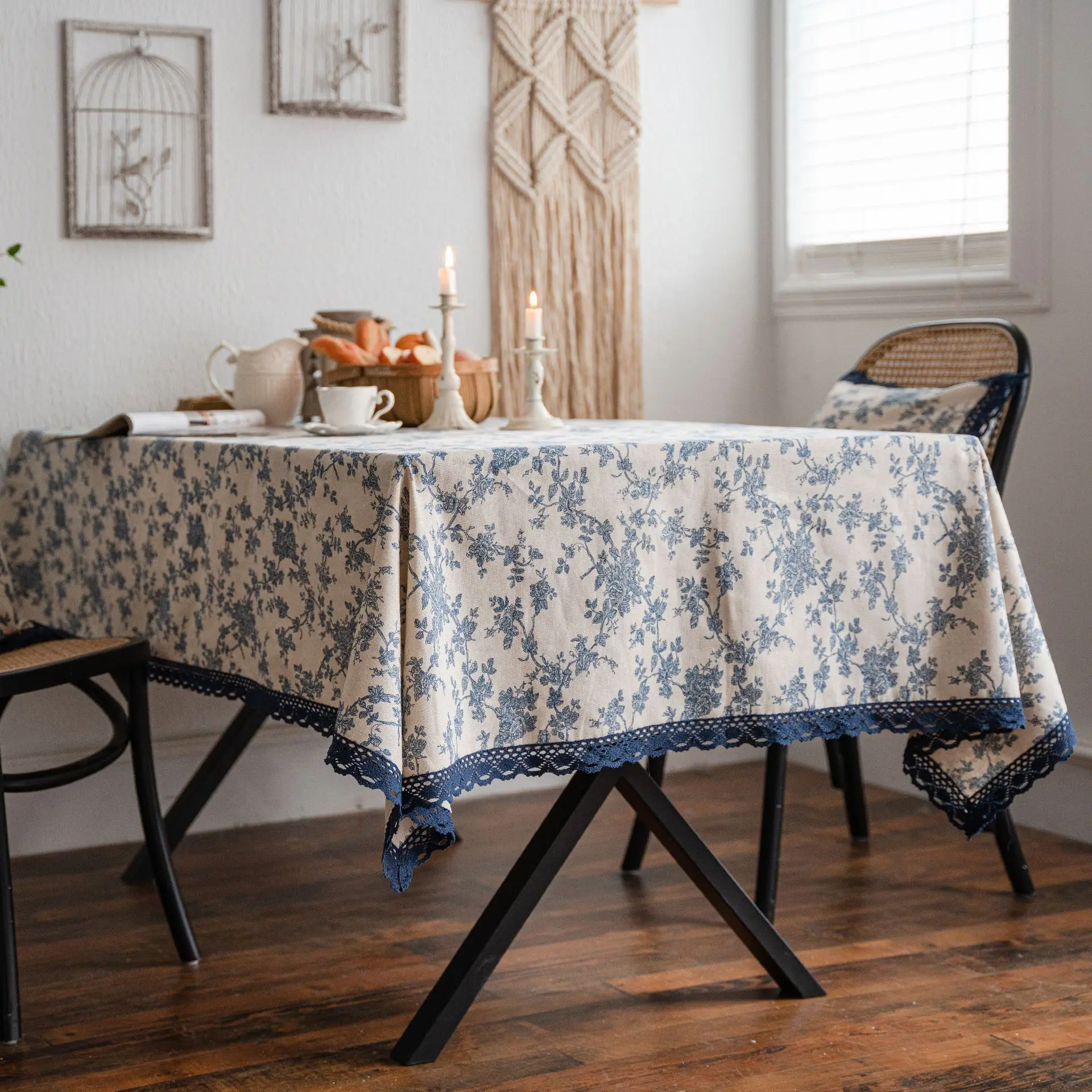 Linen Cotton Tablecloth with Lace, Rectangular Dining Table Cover, Tea Table Cloth, Blue Rose Printing, Pastoral