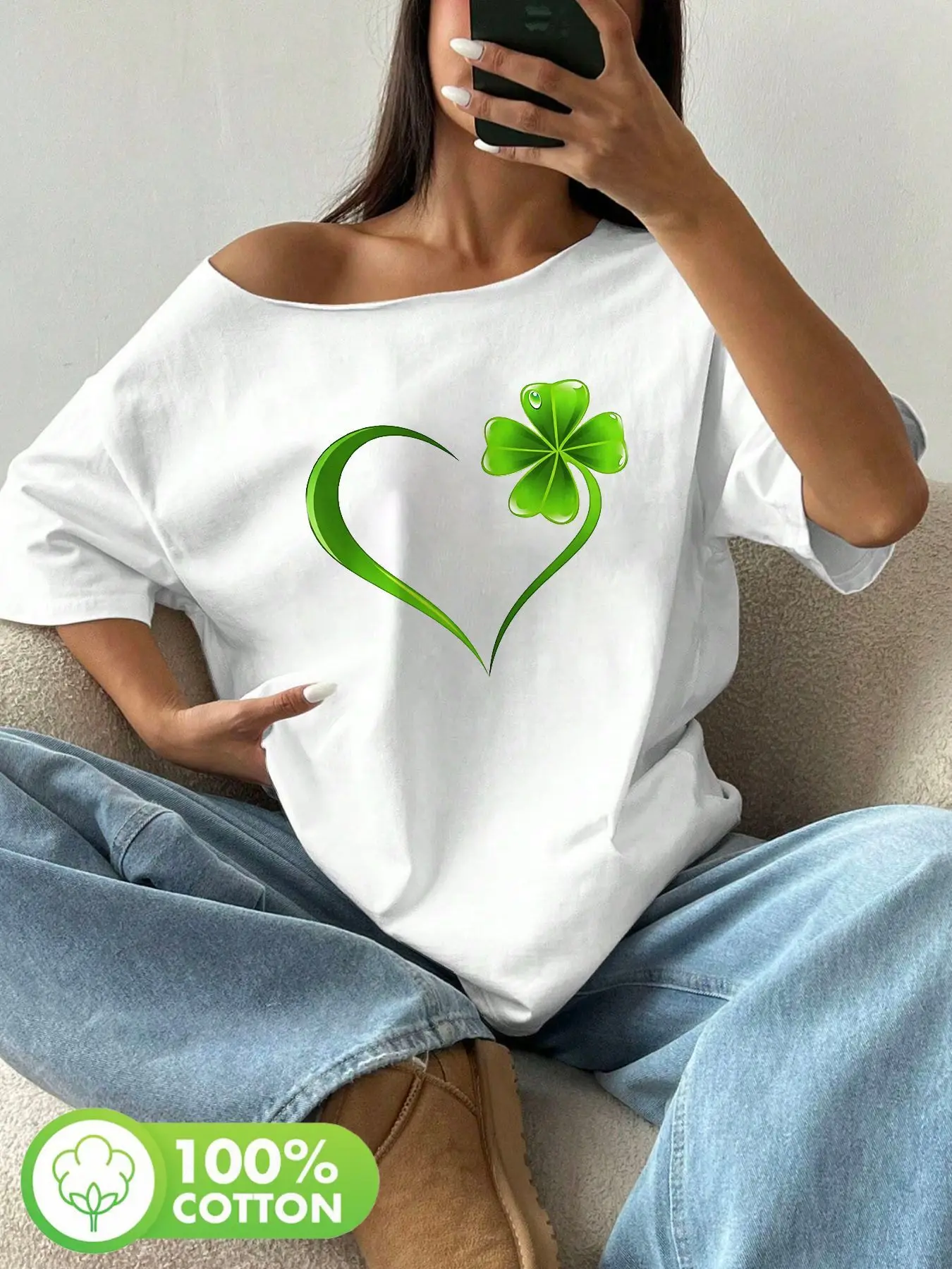 

Plus Size 100% Cotton Shoulder Loose Print T-Shirt Oversized Y2K Style Graphic Tees Women Tops Summer Off The Shoulder Top Lu