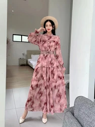 2023 New Spring Autumn Women Long Sleeve Belt Slim Long Dress High Quality Retro Tie Dye Print Big Hem Pleated Dress 7 Colors