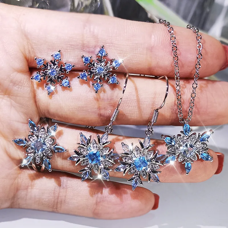 925 Silver Classic Snowflake Ring Blue Zircon Wedding Jewelry Set Female Earring Necklace Ring Three-piece Party Birthday Gift