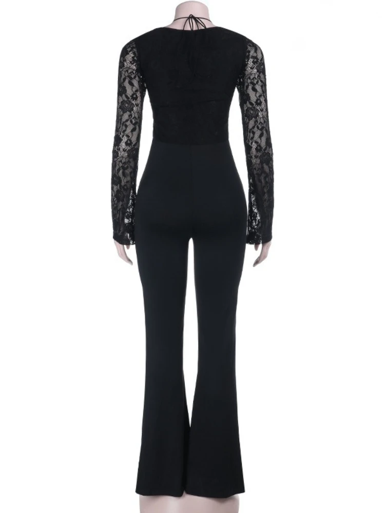 섹시한 블랙 레이스 패치워크 점프수트 여성 트렌디 홀터넥 긴팔 레이스업 속이 비치는 슬림 플레어 팬츠 원피스 오버올