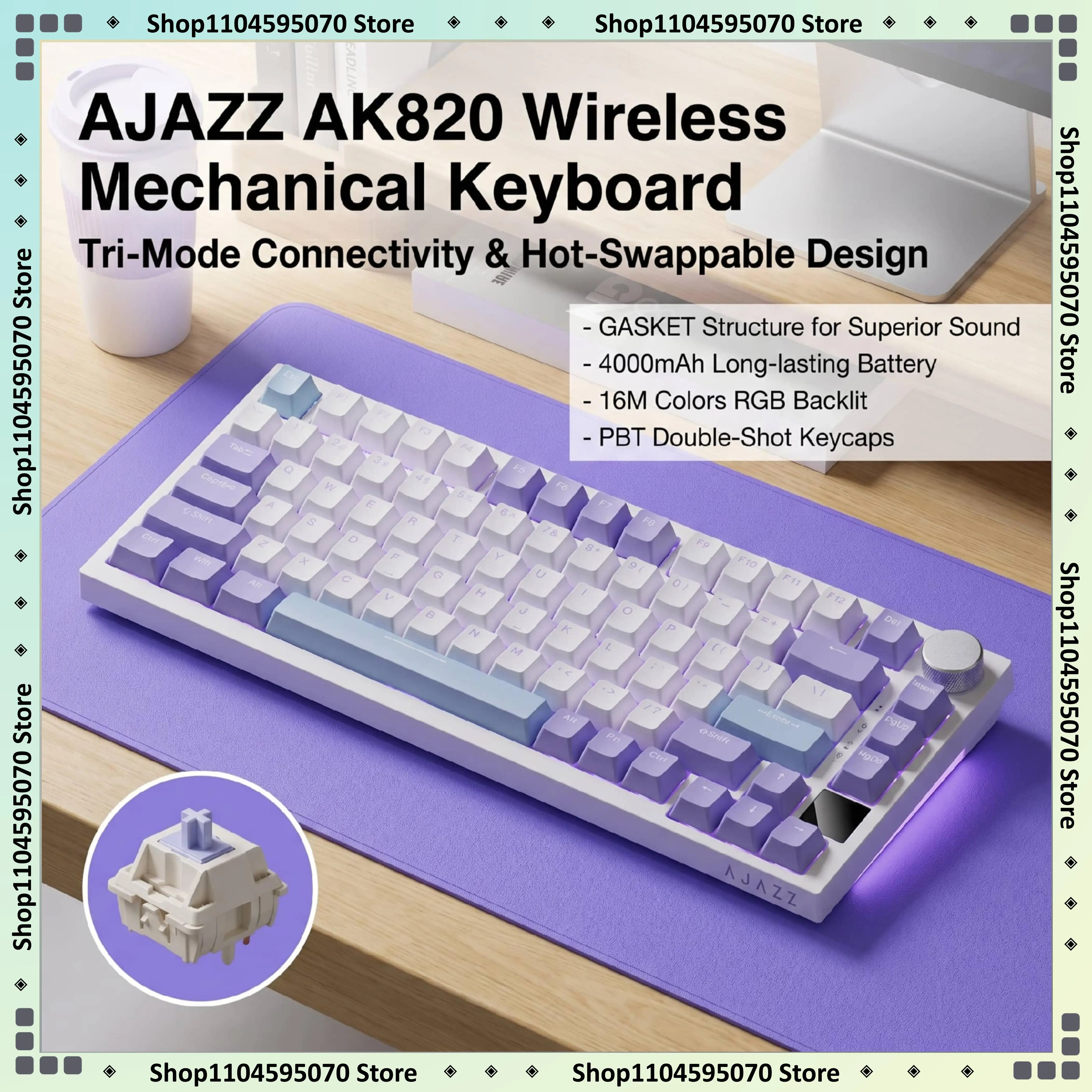 AJAZZ AK820 GASKET Structure Mechanical Keyboard 3-Mode Wireless Hot-Swappable PBT Keycaps 4000mAh RGB Backlit Keyboard