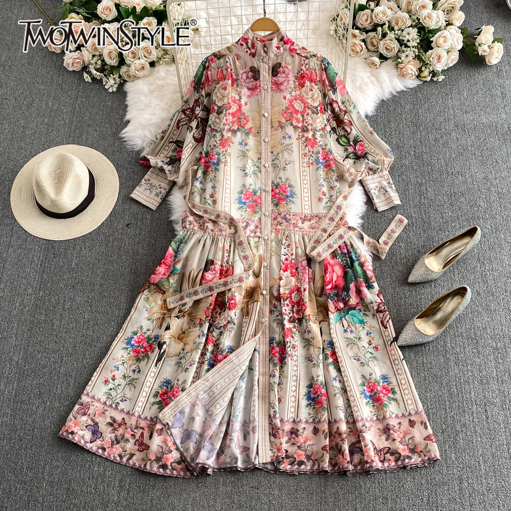 TWOTWINSTYLE Floral Printing Dress For Women Stand Collar Lantern Sleeve High Waist Patchwork Lace Up Dresses Female KDR517937