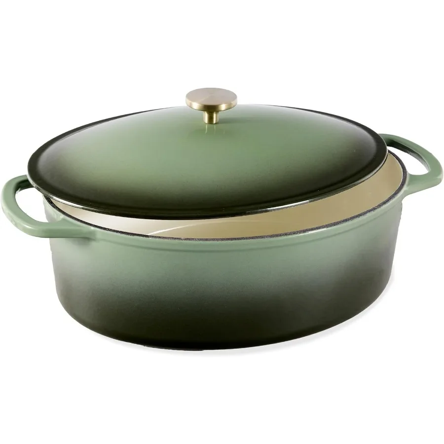 

Oval 7.5 Quart Enamel Cast-Iron Dutch Oven, Heavy-Duty Pre-Seasoned for Baking, Cooking w/Side Handles – Deep Olive Green