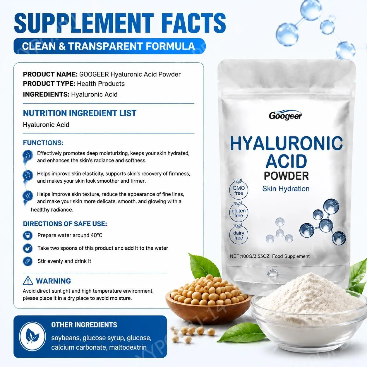 Googeer Skin Hydration Powder with Soy Protein Isolate, Glucose Syrup and Maltodextrin for Skin Softness and Moisturizing 100g