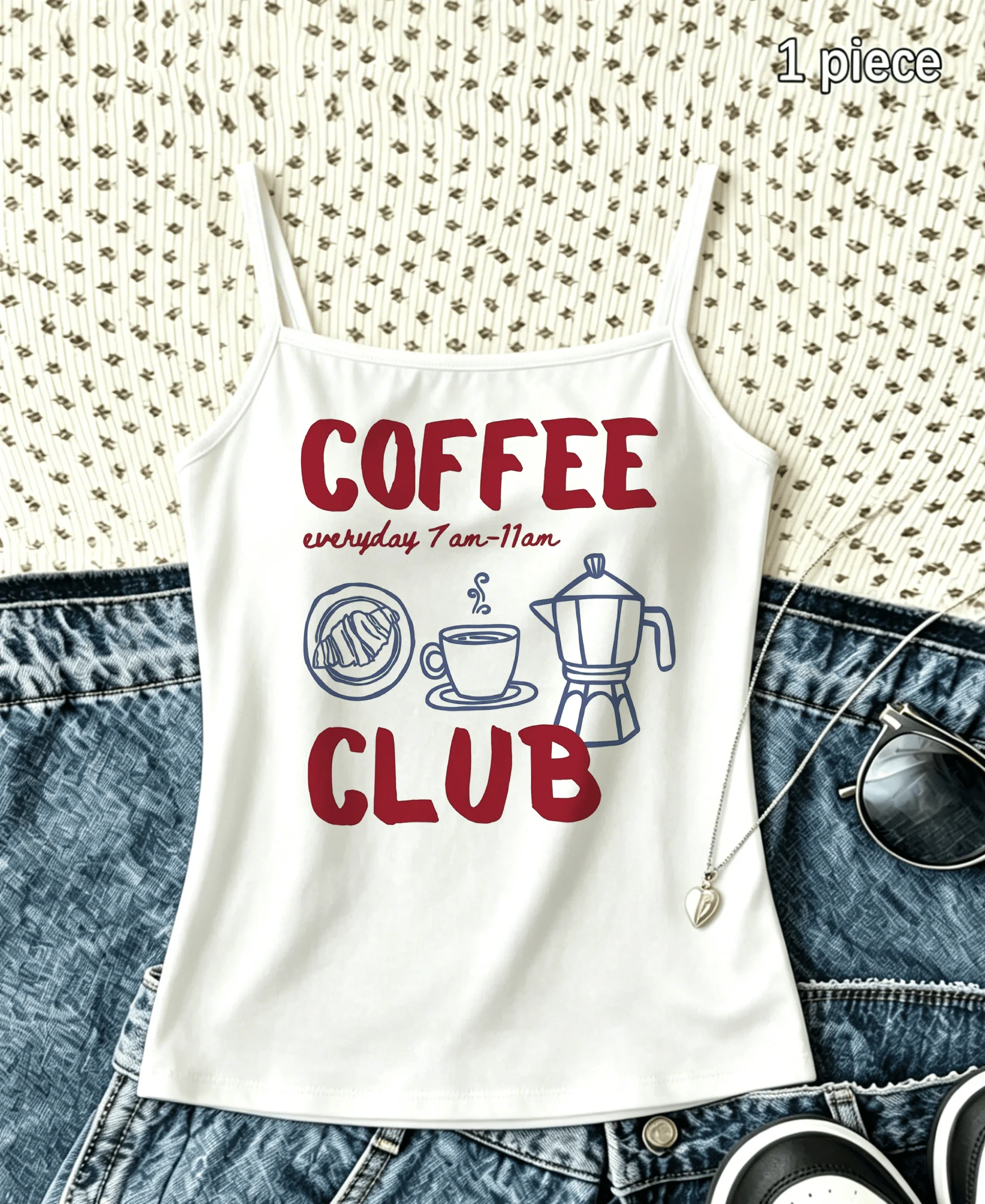 Women Coffee Club Moka Pot Cup Line Print Strap Camisole Coquette Sleeveless Tank Top Summer 2 Color Casual Coffee Lover Vest