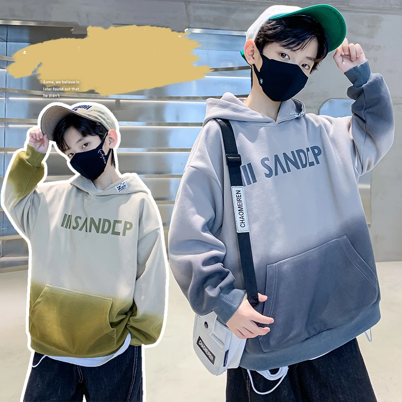 

School Kids Spring Autumn Clothing Cotton Hoodies for Boys Letter Print Gradient Sweatshirt Outfit Children Casual Sports Coat
