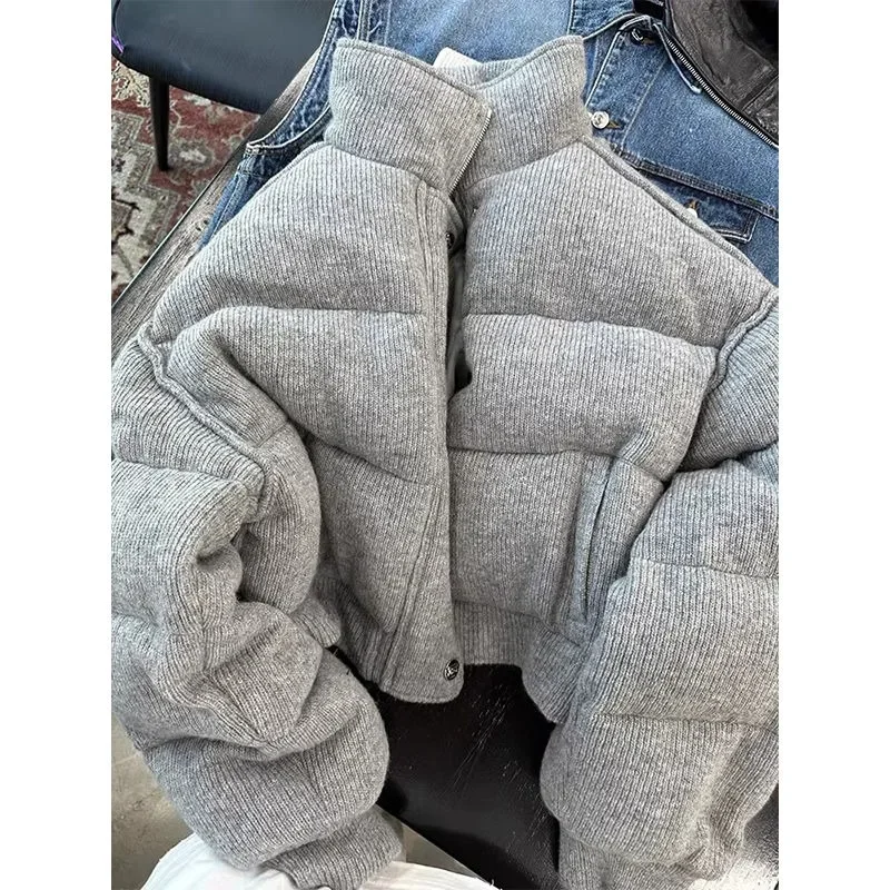 Szara, elegancka, dzianinowa kurtka z krótkim kołnierzem stójką, krótka, bawełniana kurtka damska na zimę, nowa, krótka, uniwersalna parka, odzież męska.