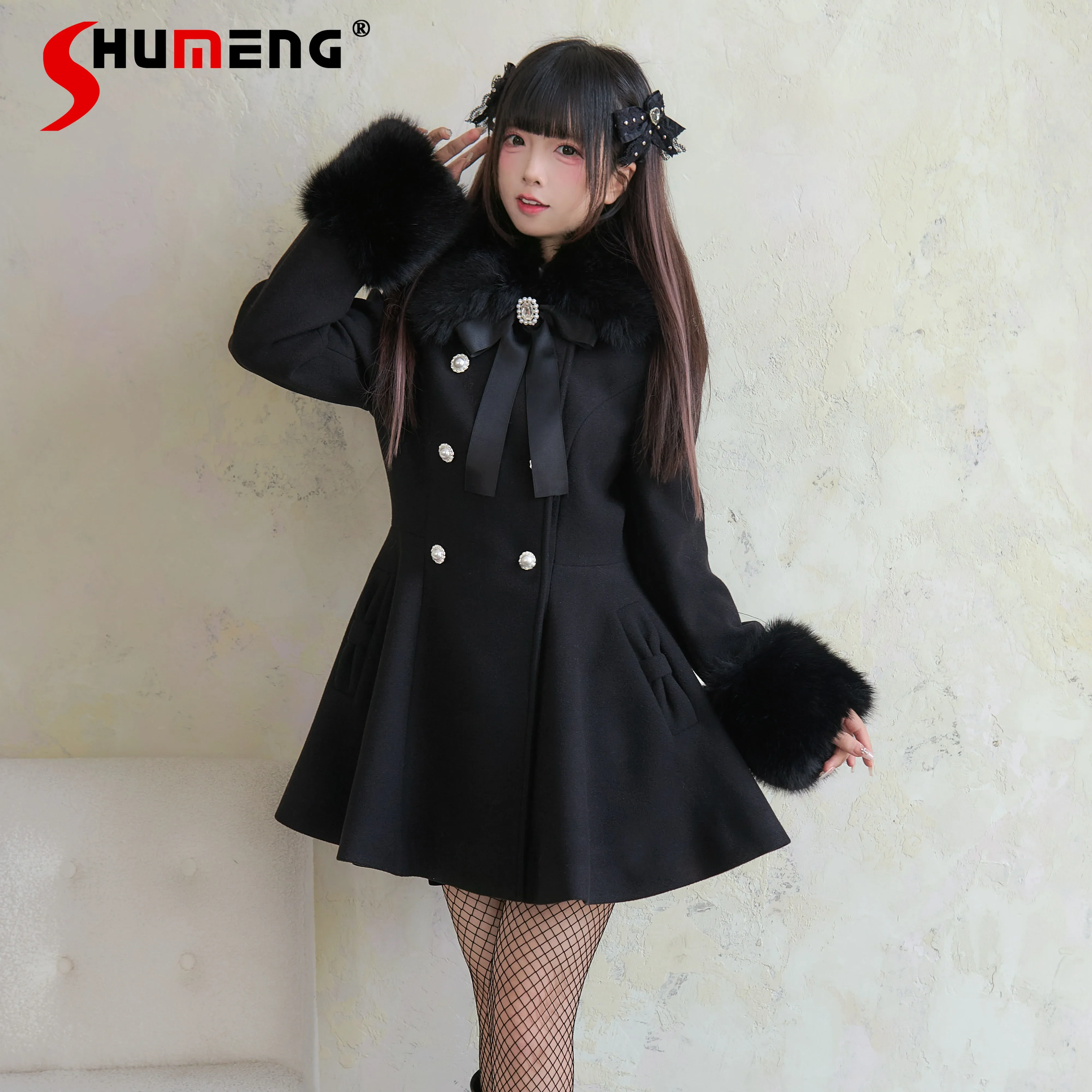 Japanese Mine Style Mass-produced Sweet Plush Collar Long Sleeve Double-breasted Bow A-line Lolita Woolen Long Coat Women Winter