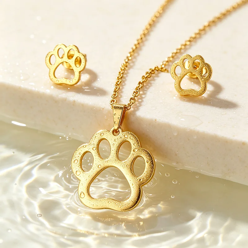 Juego de Joyería de Acero Inoxidable con Huella de Pata de Perro, Collar y Pendientes de Pata de Gato Hueca, Impermeable, Hipoalergénico, Resistente a la Decoloración, Regalo de Joyería con Colgante para Amantes de Mascotas para Mujeres