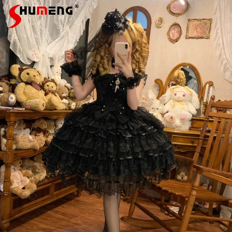 

Original Black Gothic Lolita Sling Dresses Jsk Women's Sweet Elegant Wedding Dress Girl's Cute Bow Lace Edge Princess Dress