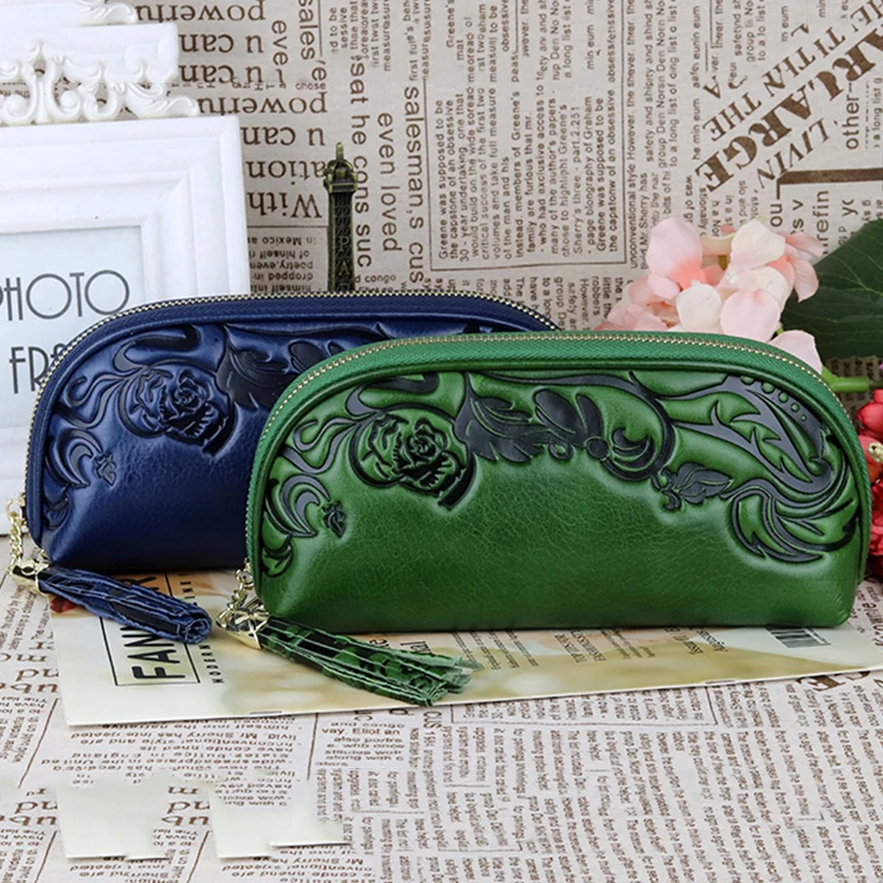 Green/Rose Red 7 Colors Women Zipper Clutches Fashion Genuine Cow Leather Floral Embossed Lady Long Money Wallets Purses Bags