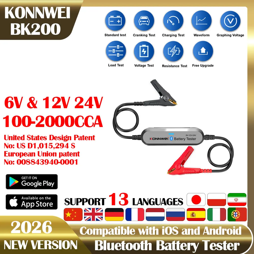 

2026 новейшая улучшенная версия KONNWEI BK200 Bluetooth 5,0 тестер автомобильного мотоциклетного аккумулятора 6 В 12 В 24 В анализатор аккумулятора