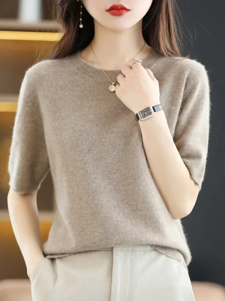 

2024 Spring Summer Womens O-neck Sweater Short Sleeve Slim Fit Knitted Pullovers Bottoming Casual Knitwear Camel Pink Clothes