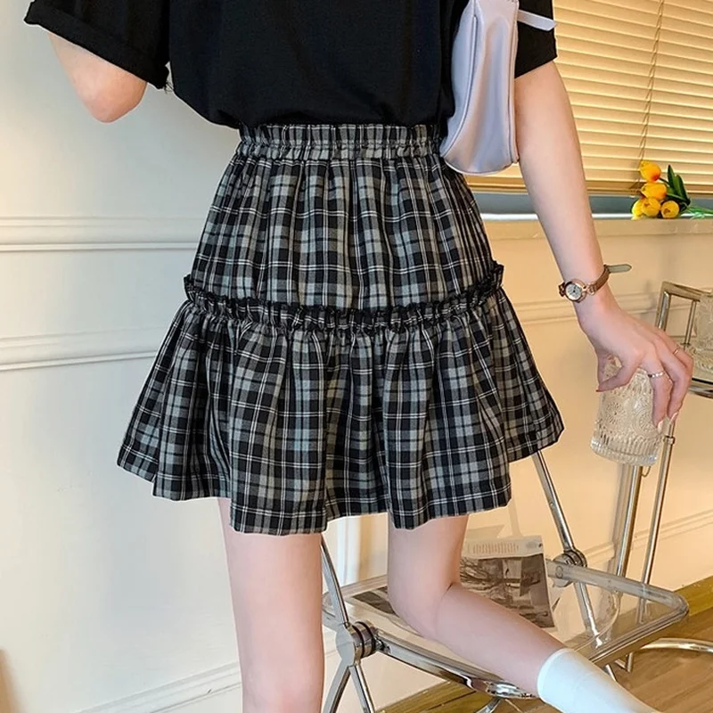 HOUZHOU Kawaii Gothic Lolita Plaid Skirt Women Goth Bow Black High Waist A-line Mini Skirts Japanese Style Harajuku Soft Girl