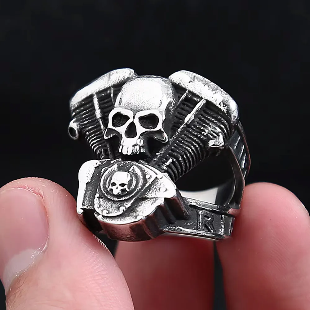 Classic Punk Biker Skull Motorcycle Engine Stainless Steel Ring For Men Women Gothic Hip Hop Men Rider Daily Fashion Jewelry view 5