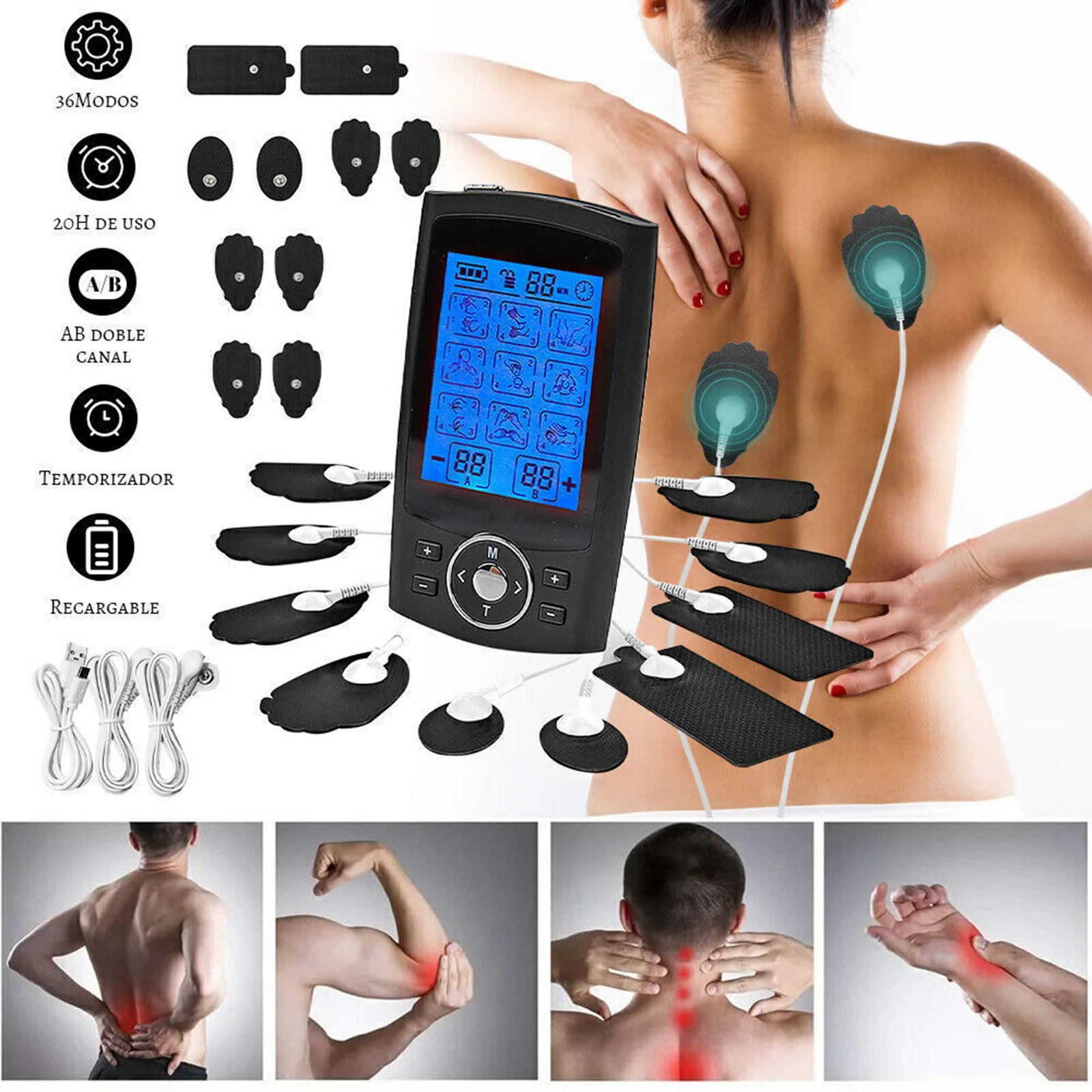 Imagem -02 - Tens Unidade Elétrica Ems Estimulação Muscular Massageador Relaxar Massageador Corporal Display Lcd Eletrônico Meridianos de Pulso Pain Relief Physio 36 Modos