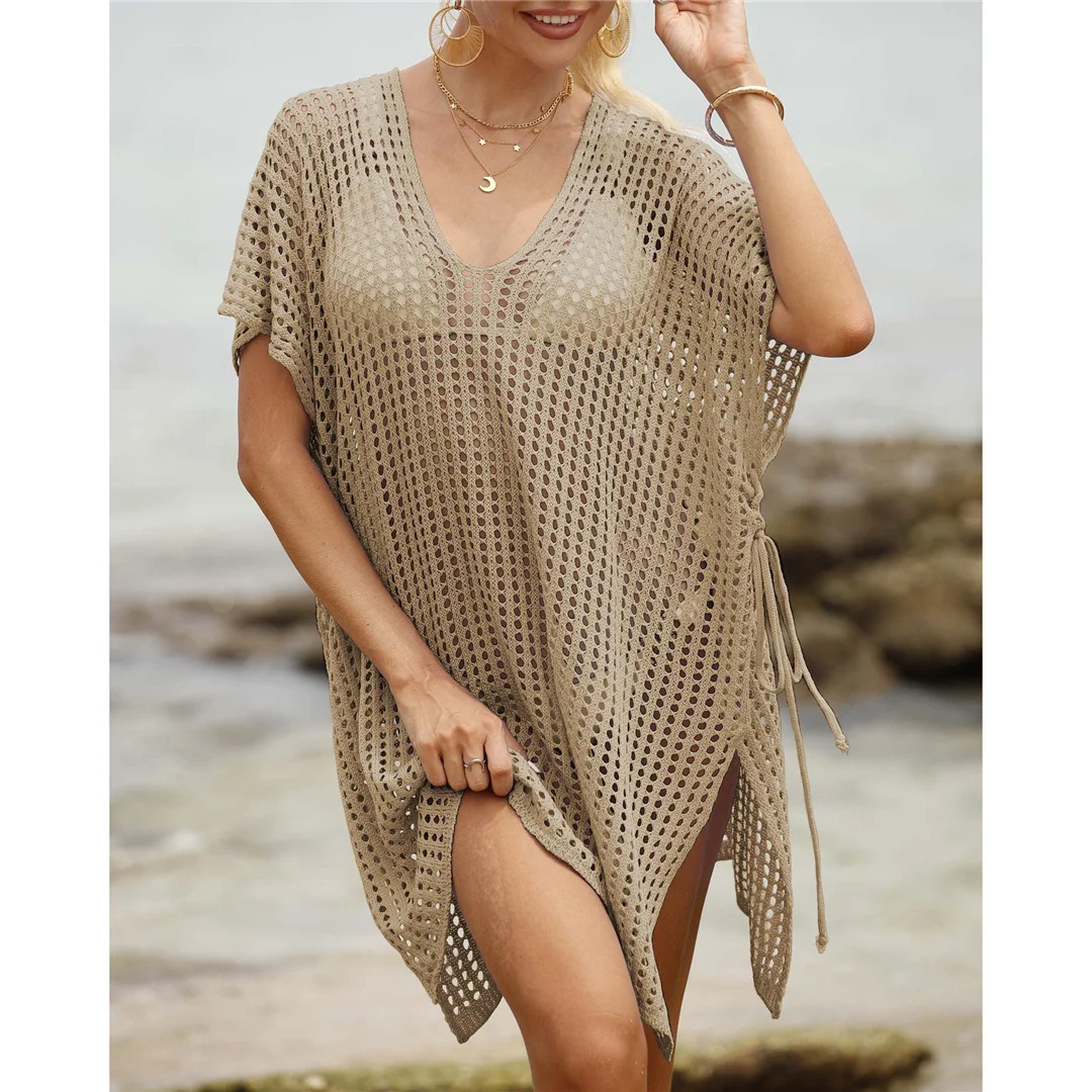Kurzarm-Tunika mit V-Ausschnitt und Aushöhlungen, gehäkelt, Strickkleid, Strandkleid, Strandmode, Strandbekleidung, Strand-Cover-up, Damen, V8061 – Detail 13