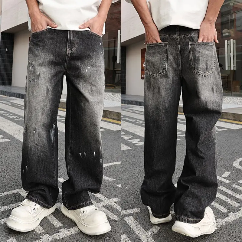 

2025 New Spring Dark Grey Jeans Men Hand Painted Loosen Fit Wide Leg Fashion Denim Trousers