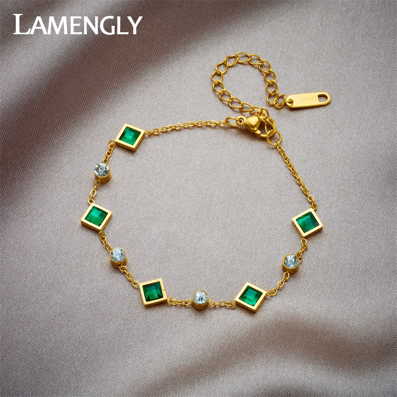 LAMENGLY 316L Stainless Steel White Green Zircon Crystal Bracelet For Women Girl New Fashion Bangles Jewelry Lady Holiday Gift