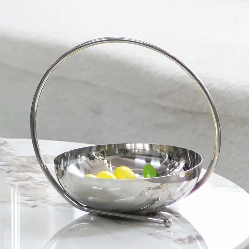 Circular Design Handheld Fruit Tray, Luxurious Large Stainless Steel Bowl, Tableware, Living Room Desktop Decoration Ornaments