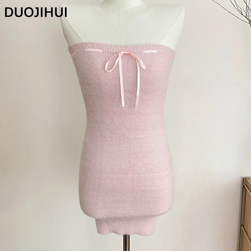 DUOJIHUI Two Piece Pink Sweet Women\'s Dresses Korean Style Knitting Soft Chic Bow Canshoulder Blast Pure Color Female Mini Dress