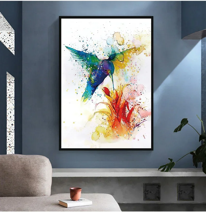 1PCS frameless Colorful Abstract Hummingbird Picking Nectar Wall Art Canvas Painting Watercolor Prints Home Decor Pictures Livin