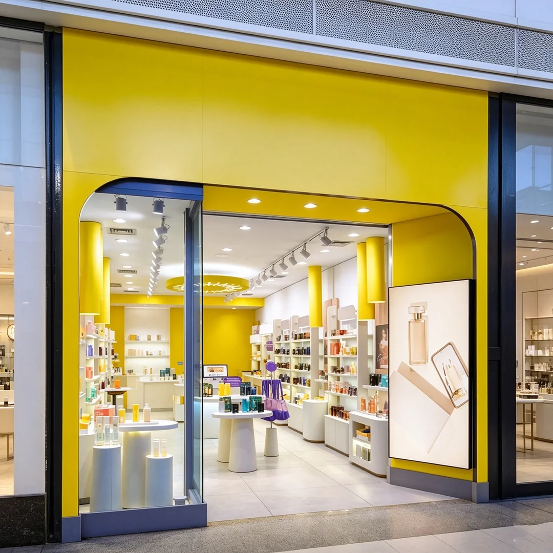 Cream White Yellow Waterproof Aluminium Skincare Shop Display Furniture Curved Island Counter LED Wall Shelves Fresh Ins Style