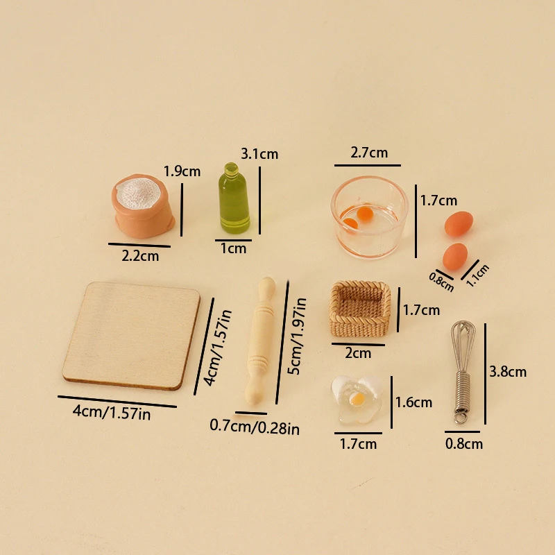 1:12 인형 집 미니어처 계란 그릇 계란 비터 도마 롤링 핀 밀가루 가방, 주방 모델 장식 장난감, 1 세트