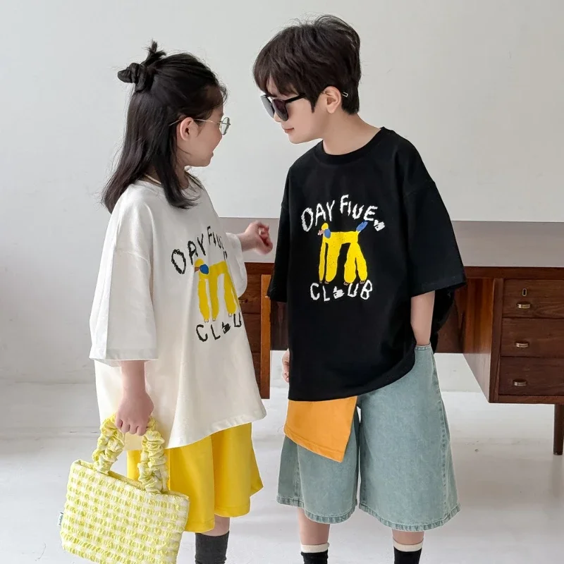 

2025 Summer Children's Casual Loose Short-Sleeve T-Shirt with Alphabet Cartoon Print for Boys and Girls