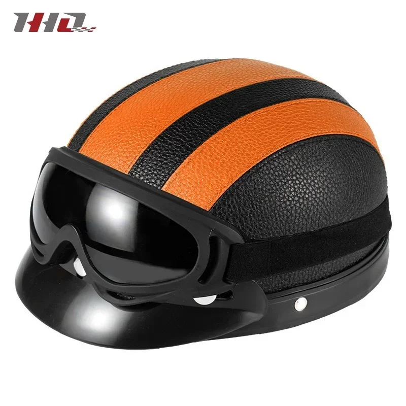 

Retro Leather Half Helmet with Ear & Neck Protection - All-Season Cycling Safety Helmet
