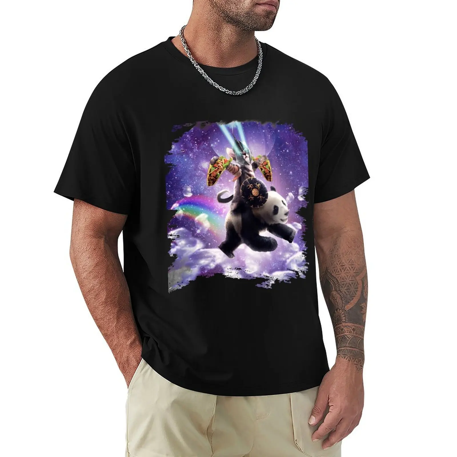 Lazer Warrior Space Cat Riding Panda With Taco T-Shirt man t shirts graphic T-Shirt