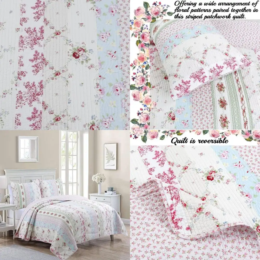 

King Size Cotton 3-Piece Bedding Set with Reversible Wild Rose Floral Stripe Coverlet
