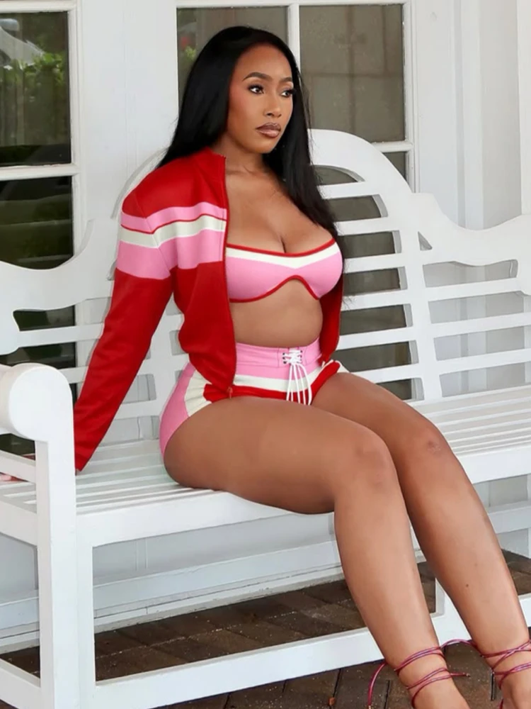 

Комплект из трех предметов с цветными блоками и принтом, женские повседневные укороченные топы на молнии + бюстгальтер + шорты с блестками, одинаковые уличные эластичные узкие спортивные костюмы