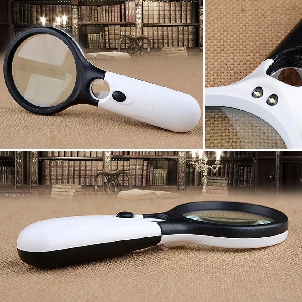 White Magnifying Glass Handheld 45X Magnifier With 3 LED Light For Reading Magnifying Glass Jewelry Loupe