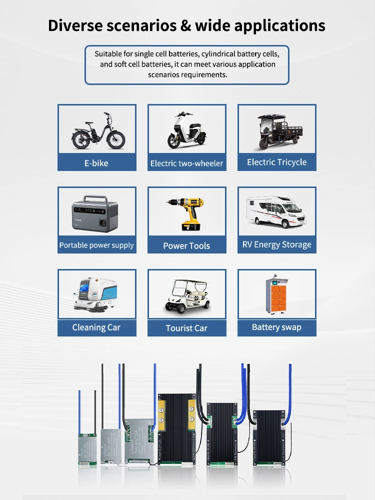 Lifepo4 4S 12V 8S 24V 10S 36V 16S 48V الأجهزة BMS NTC LILN BMS كابلات مجانية التوازن السلبي للعاكس EV