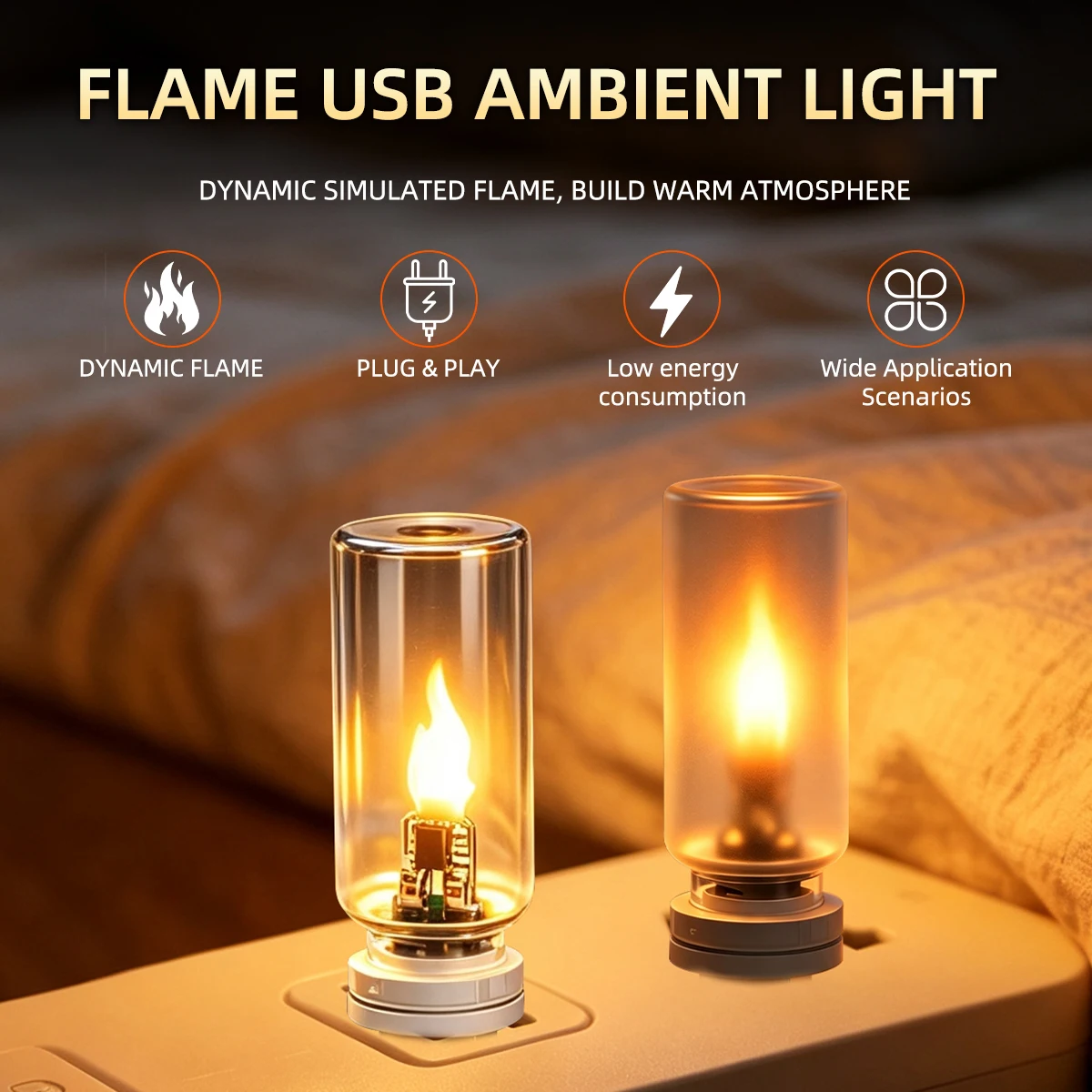 1/2Pcs USB Flame Atmosphere Light Flickering LED Glass Warm Night Light Simulated Flame for Home Room Laptop Festival Decoration