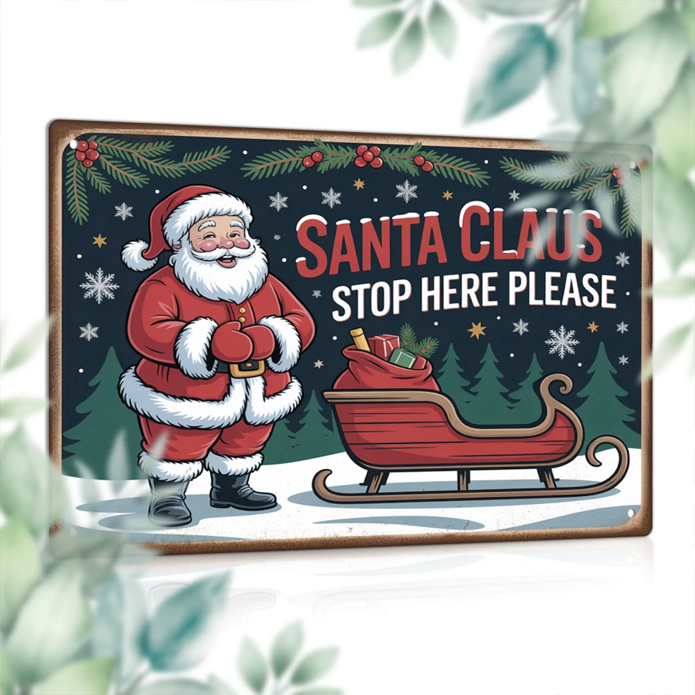 2D Flat Putuo Decor 1pc Vintage Metal Tin Sign, SANTA CLAUS STOP HERE PLEASE, Wall Art Decor for Home Christmas Party, Gift